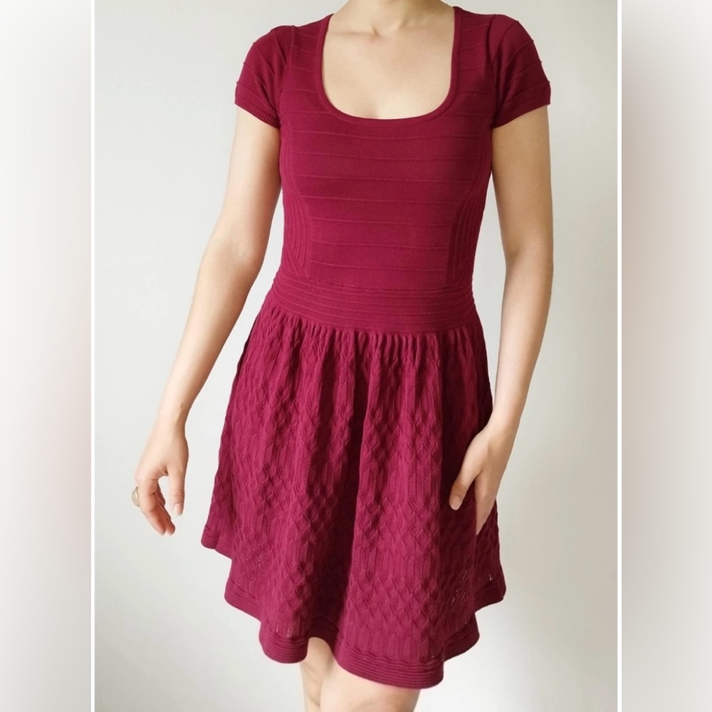 Sandro Burgundy Red Knit Dress Size 1 Small Fit and Flare